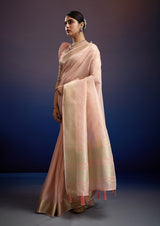 Elegant Blush Aura Linen Tissue Silk Saree with Designer Woven Border
