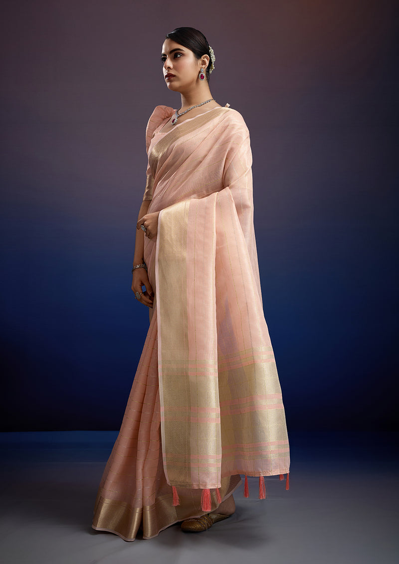 Elegant Blush Aura Linen Tissue Silk Saree with Designer Woven Border
