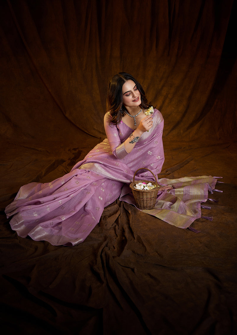Luxury Lilac Lavender Saree with Silver Zari Work