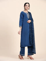 This elegant Designer Kurta Suit Set in a beautiful Rama color