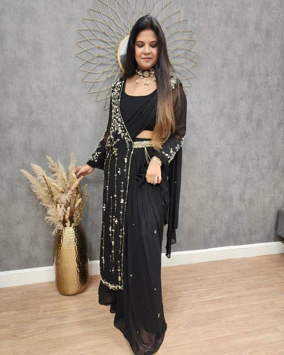 FANCY PARTY WEAR FAUX GEORGETTE LEHENGA SAREE WITH BLOUSE & SHRUG 🌟