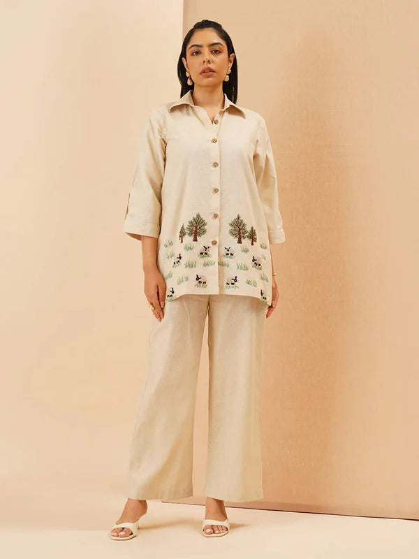 Embroidery Top and Palazzo Co-Ord Set in White Rayon