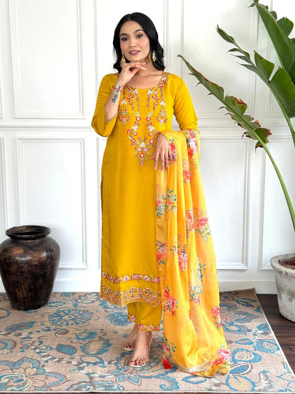 Designer Viscose Chanderi Kurta Suit Set with Premium Embroidery