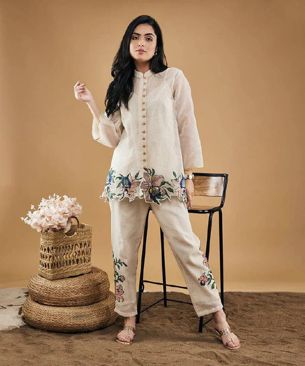 Embroidery Top and Palazzo Co-Ord Set in White Jimmy Choo Fabric