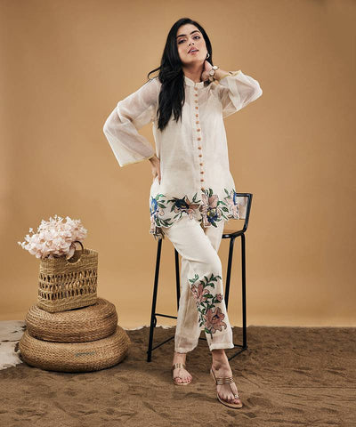 Embroidery Top and Palazzo Co-Ord Set in White Jimmy Choo Fabric