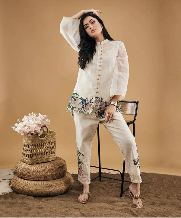 Embroidery Top and Palazzo Co-Ord Set in White Jimmy Choo Fabric