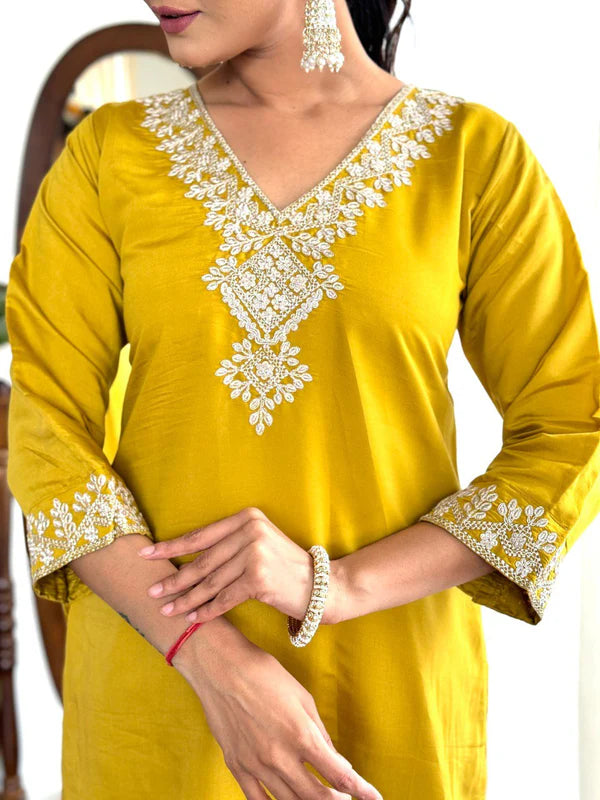 Designer Viscose Chanderi Kurta Suit Set with Premium Embroidery