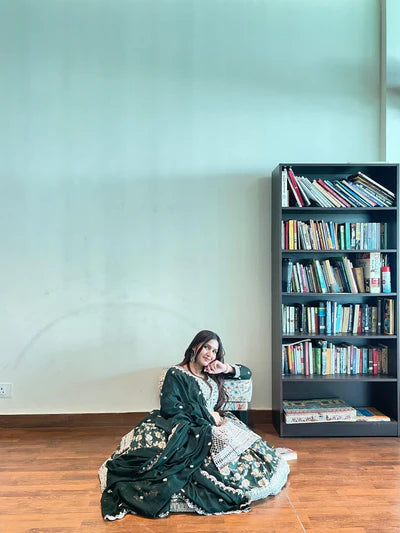 Elegant Zari Jacquard Embroidered Gown with Dupatta