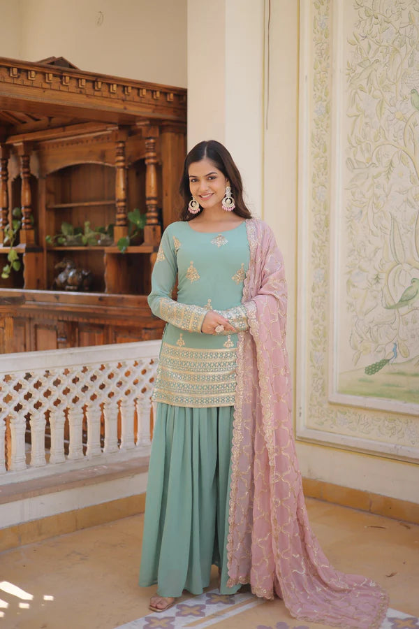 Premium Designer Readymade Kurti-Plazzo-Dupatta Set