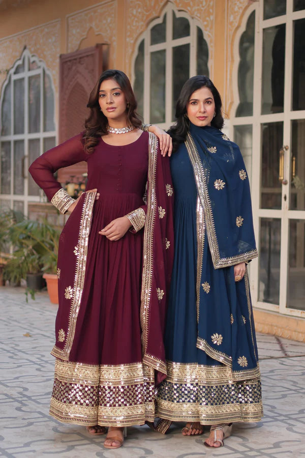 Designer Faux Blooming Gown with Zari Sequins Embroidery