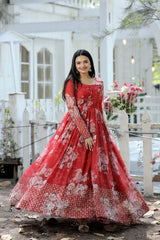 Designer Faux Georgette Floral Printed Gown with Zari & Sequins Embroidery