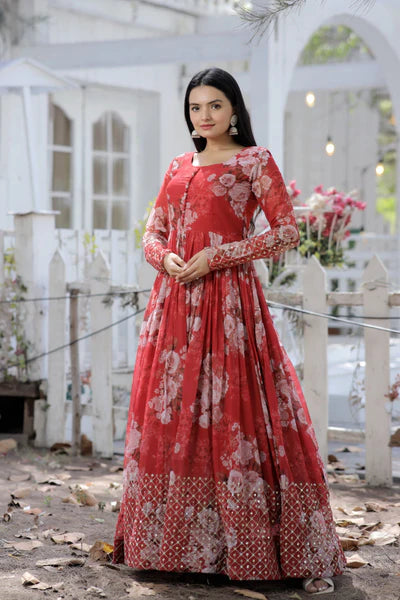 Designer Faux Georgette Floral Printed Gown with Zari & Sequins Embroidery