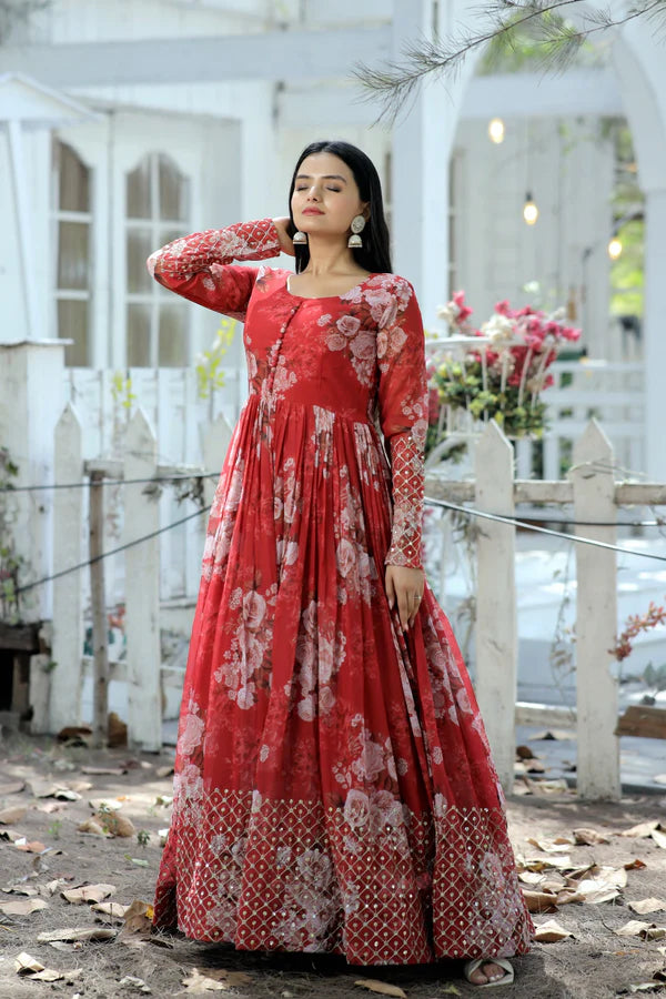 Designer Faux Georgette Floral Printed Gown with Zari & Sequins Embroidery
