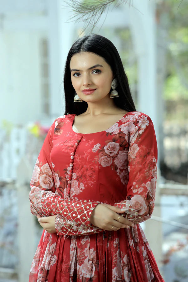 Designer Faux Georgette Floral Printed Gown with Zari & Sequins Embroidery
