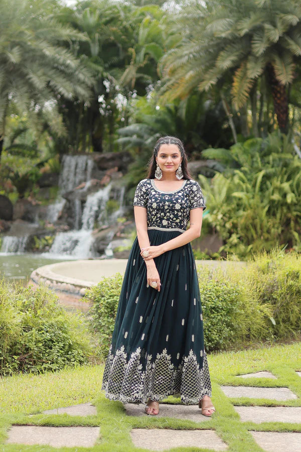 Designer Faux Blooming Gown with Zari Sequins Embroidery