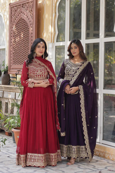 Designer Faux Blooming Gown with Zari Sequins Embroidery & Designer Dupatta