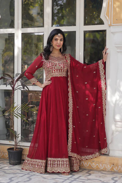 Designer Faux Blooming Gown with Zari Sequins Embroidery & Designer Dupatta