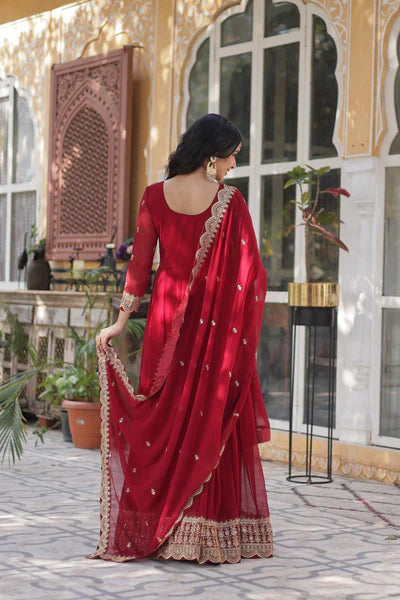 Designer Faux Blooming Gown with Zari Sequins Embroidery & Designer Dupatta