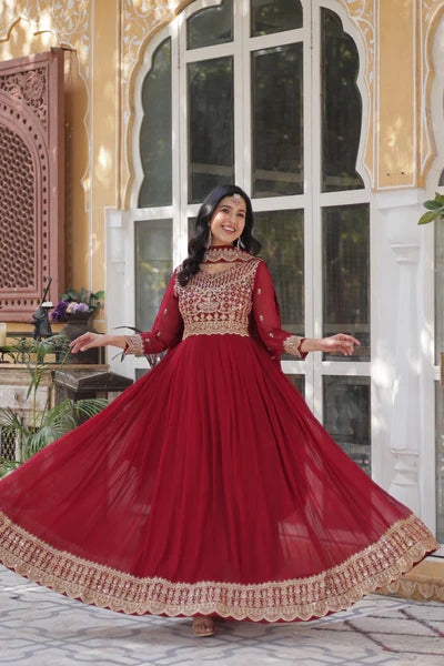 Designer Faux Blooming Gown with Zari Sequins Embroidery & Designer Dupatta