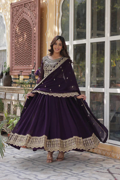 Designer Faux Blooming Gown with Zari Sequins Embroidery & Designer Dupatta