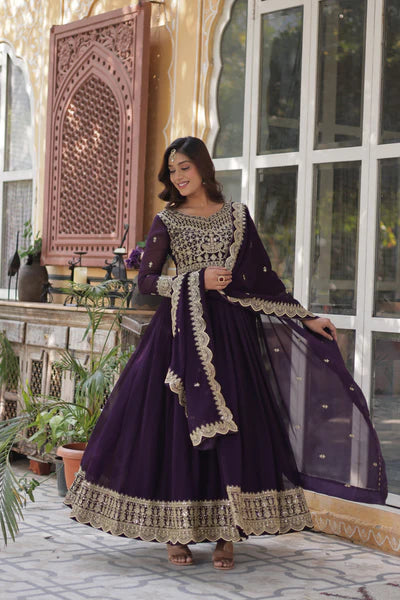 Designer Faux Blooming Gown with Zari Sequins Embroidery & Designer Dupatta