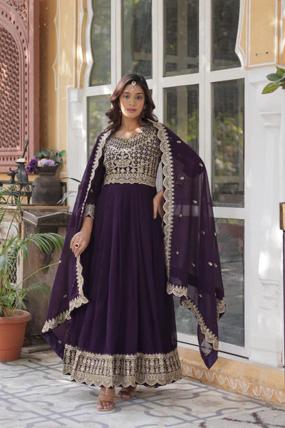 Designer Faux Blooming Gown with Zari Sequins Embroidery & Designer Dupatta