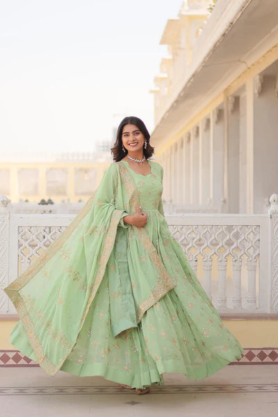 Exquisite Faux Georgette Gown with Zari & Sequins Embroidery
