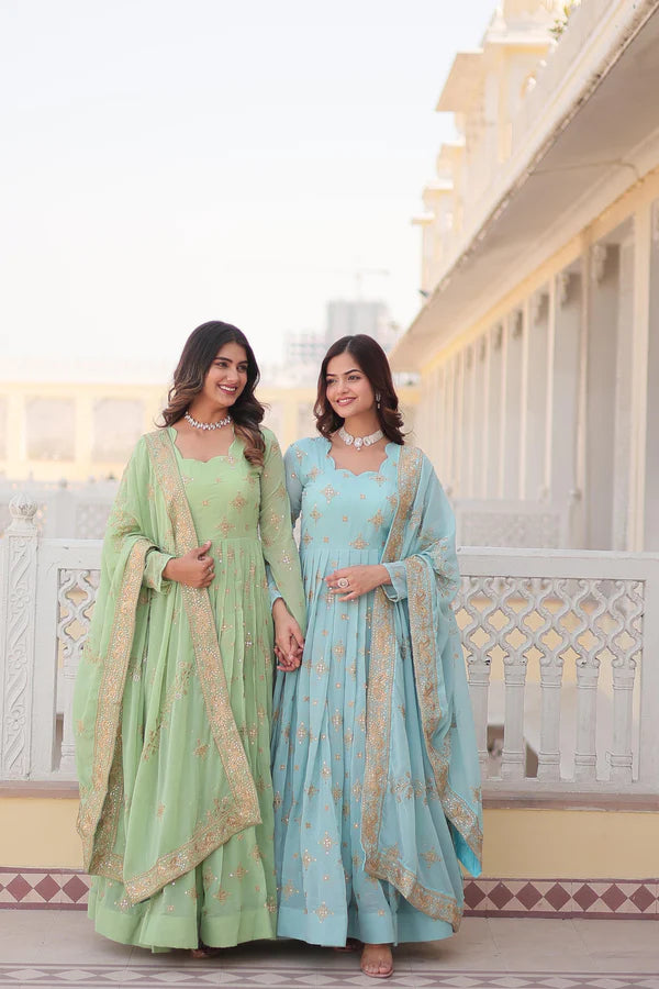 Exquisite Faux Georgette Gown with Zari & Sequins Embroidery