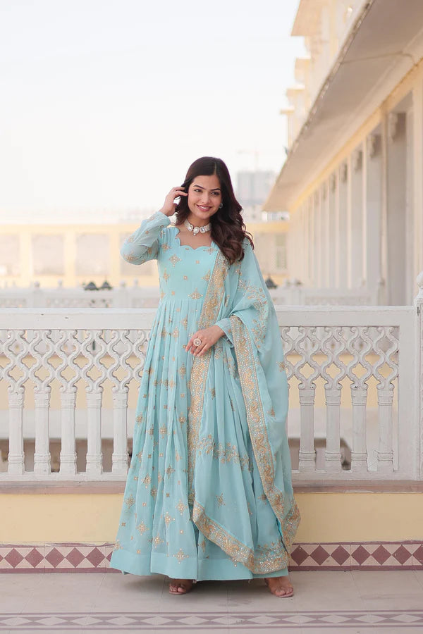 Exquisite Faux Georgette Gown with Zari & Sequins Embroidery