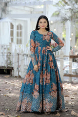 Designer Faux Georgette Floral Printed Gown with Zari & Sequins Embroidery