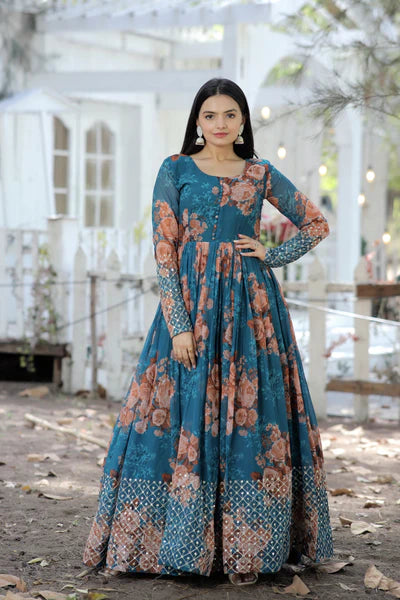 Designer Faux Georgette Floral Printed Gown with Zari & Sequins Embroidery