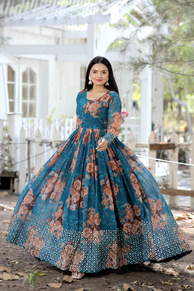 Designer Faux Georgette Floral Printed Gown with Zari & Sequins Embroidery