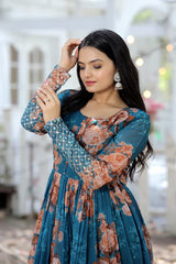 Designer Faux Georgette Floral Printed Gown with Zari & Sequins Embroidery