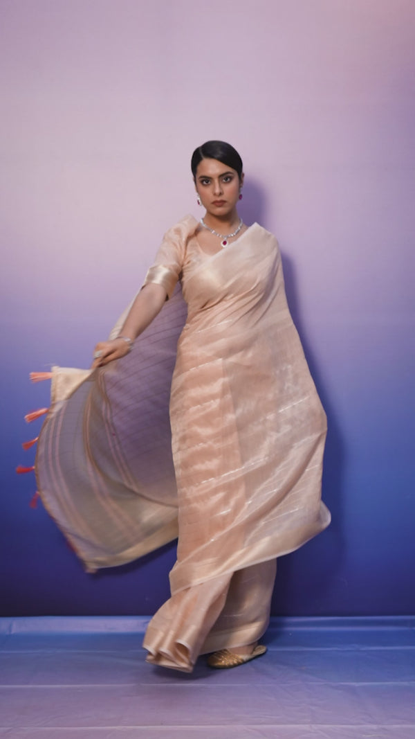 Elegant Blush Aura Linen Tissue Silk Saree with Designer Woven Border