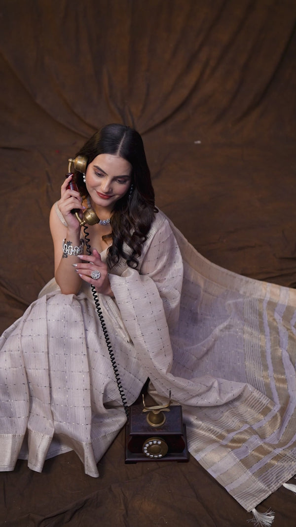 Ivory Gold Linen Silk Saree with Bold Line Weaving