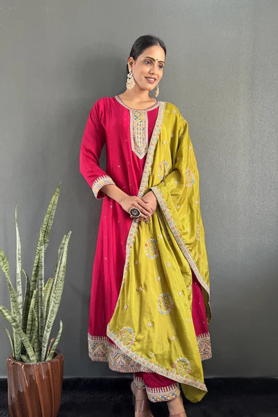 Stunning Vichitra Gown Set featuring exquisite embroidery work.