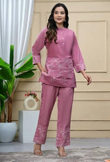 Celia - Pink Cotton Flex Solid Embroidered Coord Set