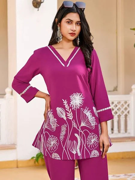 Elisa Deep Purple Printed Satin Co-ord Set for Women