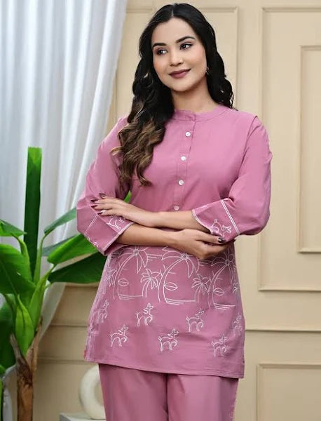 Celia - Pink Cotton Flex Solid Embroidered Coord Set
