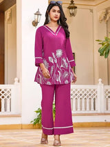 Elisa Deep Purple Printed Satin Co-ord Set for Women
